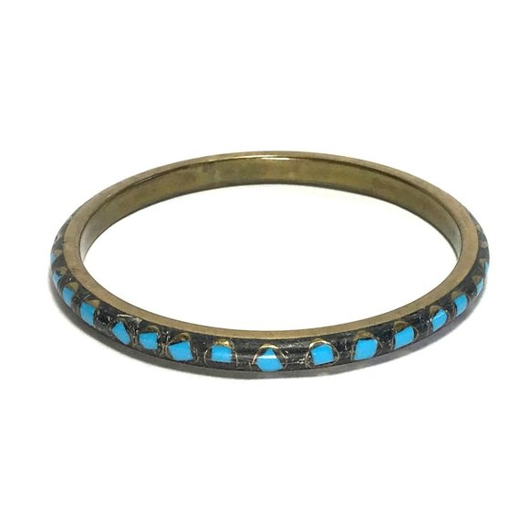 Vintage Brass and Turquoise Glass? Mosaic Bangle Bracelet Tribal Boho - Picture 3 of 5
